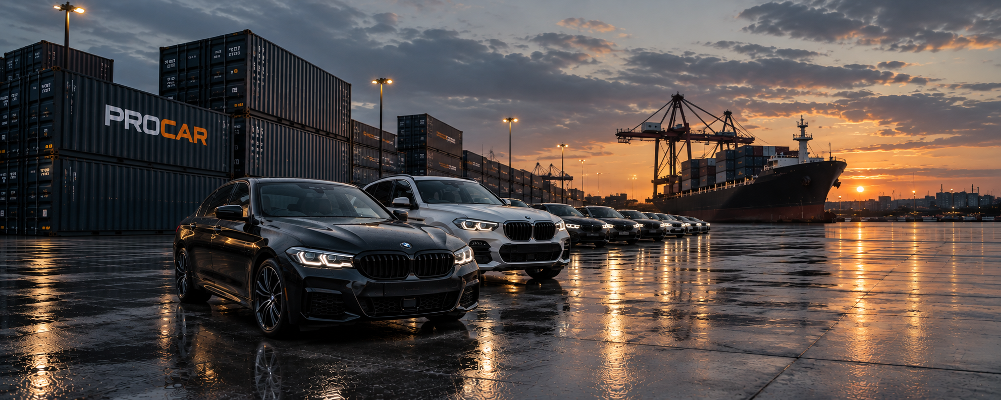 Партія BMW у порту на фоні заходу сонця